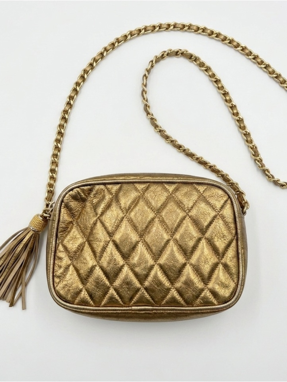 Y2K Gold Leather Quilted Crossbody Shoulder Bag with Tassel
